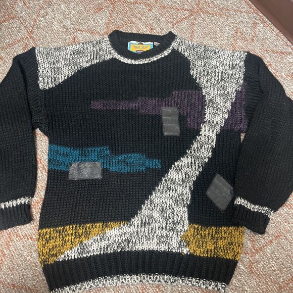 CODE ZERO Men’s Acrylic Geometric 1980’s Sweater Leather Patches Size Large - Picture 5 of 13